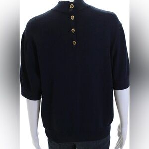 St. John Navy Mock Neck Back Button Knit Short Sleeve Top - Sz M EUC